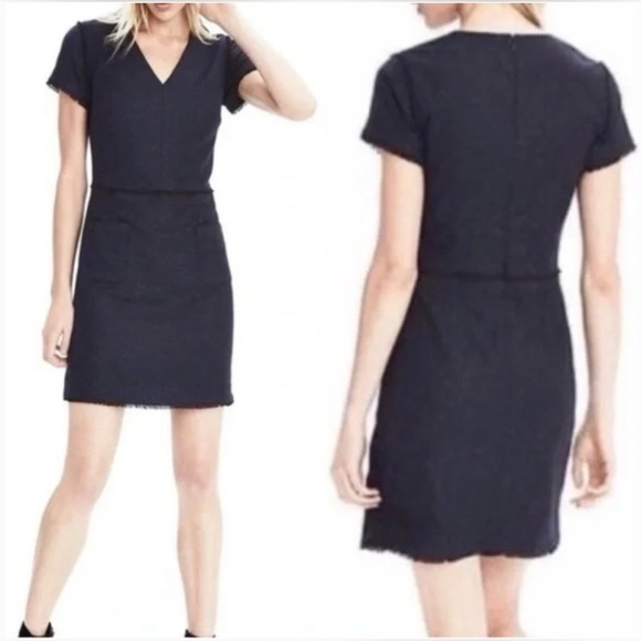 Banana Republic-Navy Blue-Wool Blend-Tweed-Speckled-Fringe-NWT-Sheath Dress-12 P - Picture 1 of 16